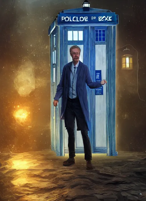 Prompt: portrait of doctor house standing next to tardis from doctor who, au naturel, hyper detailed, digital art, trending in artstation, cinematic lighting, studio quality, smooth render, unreal engine 5 rendered, octane rendered, art style by klimt and nixeu and ian sprigger and wlop and krenz cushart.