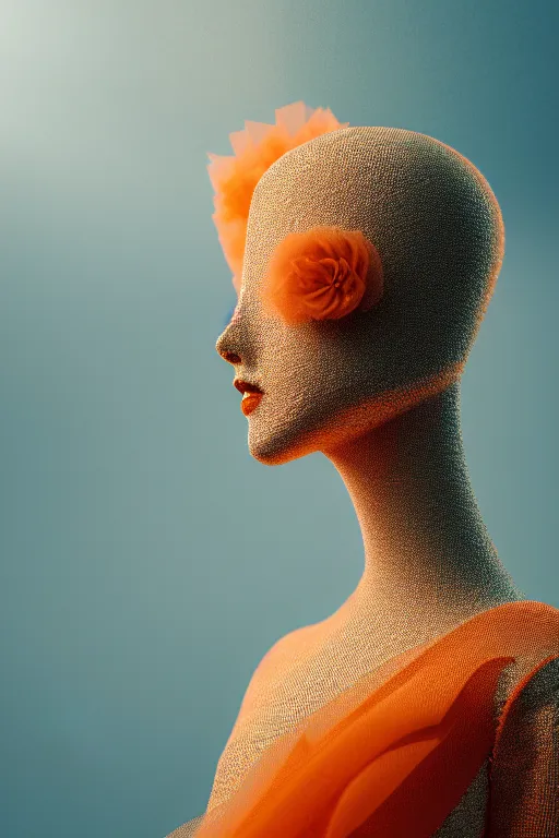 Image similar to a robotic model wearing haute couture from vintage chanel, macro photography, long exposure photograph, surrealism, anamorphic bokeh, cozy, soft light, orange and teal, caustic, atmospheric fog, octane render, cinematic