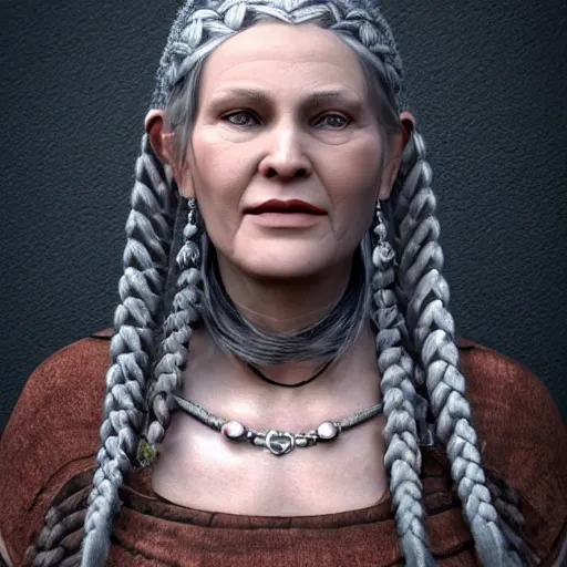 Prompt: Old viking woman with braids in gray hair wearing fur and jewelry :: very detailed, symmetric, unreal engine, rim-light