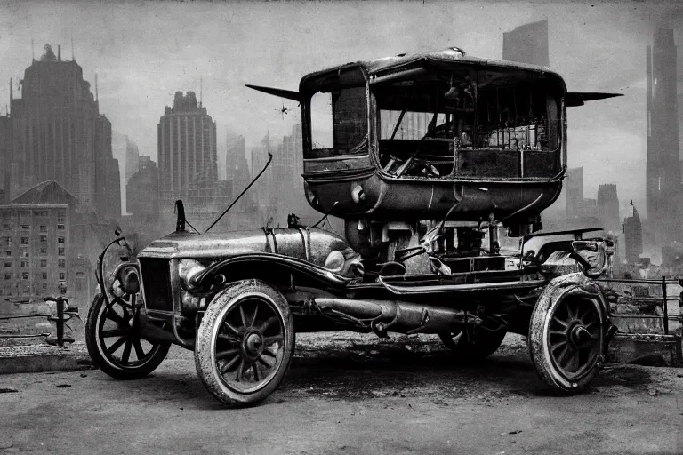 Prompt: cyberpunk 1 9 0 8 model ford t by paul lehr, metropolis, parked by view over city, vintage film photo, robotic, black and white photo