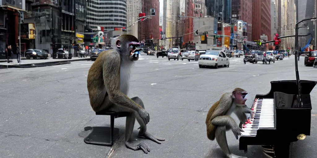 Image similar to a super high-resolution photo of a monkey playing the piano in the busy New York street