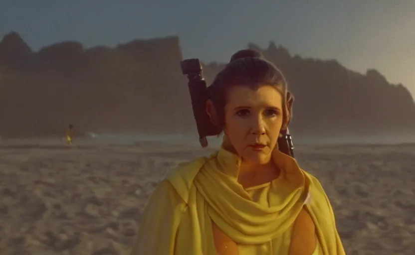 Image similar to glamour portrait of Princess Leia using yellow lightsaber on foggy beach, 1980s film directed by Stephen Speilberg, iconic scene, carrie fischer's photoreal face, stunning cinematography, hyper-detailed, sharp, anamorphic lenses, kodak color, 4k