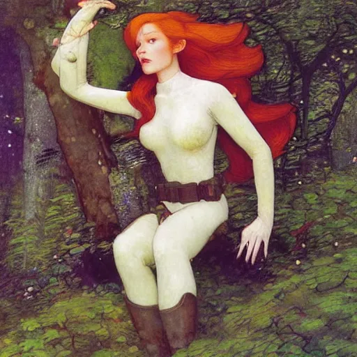 Prompt: beautiful female elf with auburn hair in a feminine spacesuit, aloof in the forest at dusk, by Edgar Maxence and Ross Tran and Michael Whelan and Gustav Klimpt