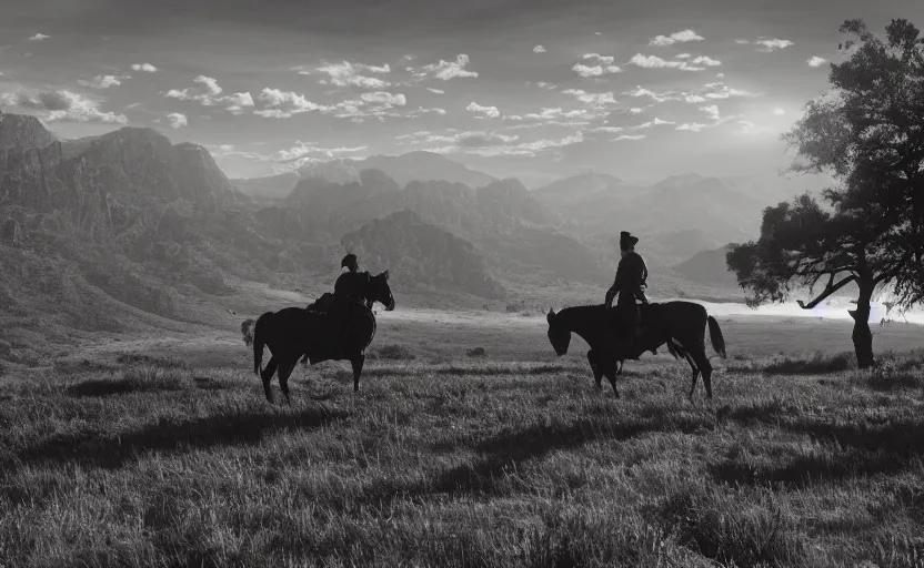 Prompt: silhouette of a cowboy on horseback, watching over his cattle in a valley below as background, in the style of ansel adams, photorealistic, ornately detailed, 4 k