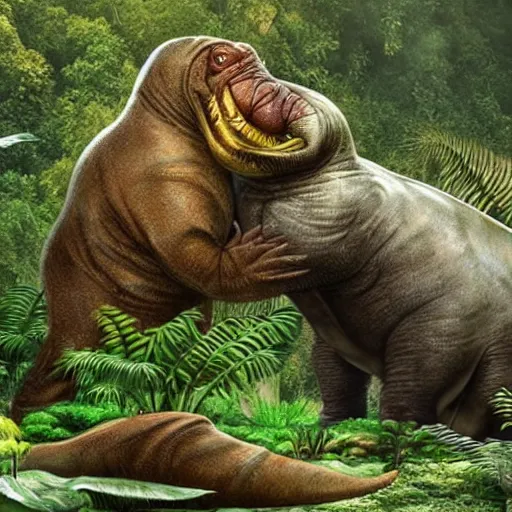 Image similar to a tyrannosaurus rex and a walrus hugging in a space jungle