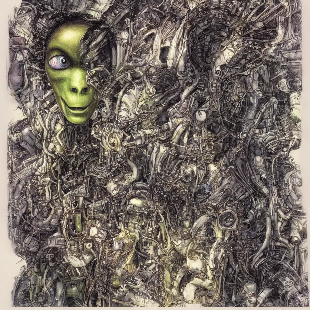 Image similar to alien robot drawing a human face with hand, patrick woodroffe, akria toriyama, spirited away