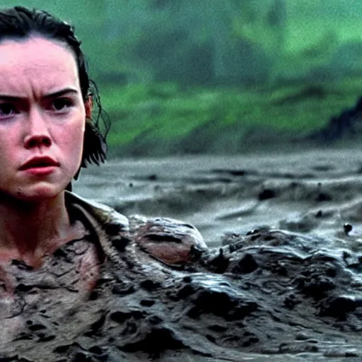 Prompt: film still, close up, daisy ridley as rey rising out of muddy vietnam river with a fierce look, face covered in mud, low camera angle at water level, night time, film still from apocalypse now ( 1 9 7 9 ), 2 6 mm.