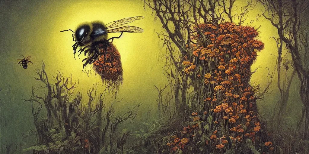 Prompt: painting in style of beksinski featuring a honey bee lost in the forest