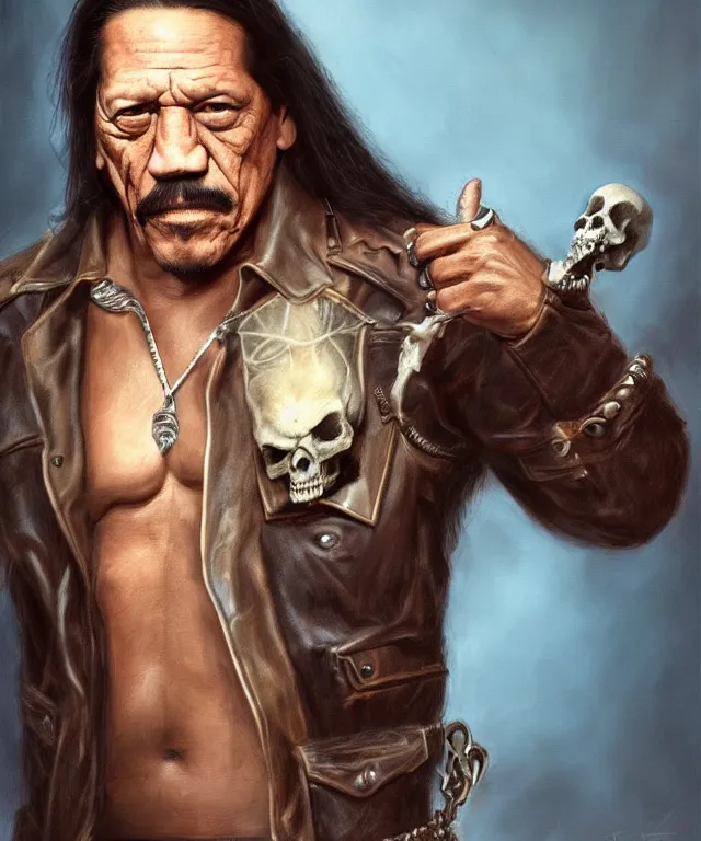 Image similar to danny trejo, cinematic, wearing a leather vest, holding a skull elegant, highly detailed, digital painting, artstation, smooth, hard focus, illustration, art by jessica rossier and and brian froud