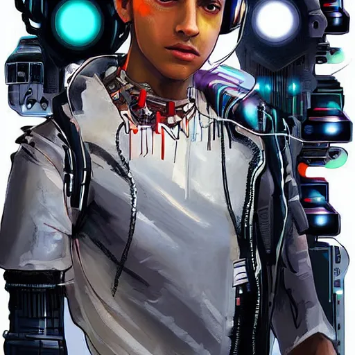 Prompt: in the style of max prentice a portrait of a young and charismatic mixed race man wearing a cyberpunk headpiece, surrounded by futuristic devices, highly detailed