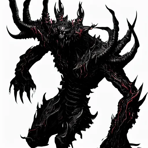 Image similar to monster with many arms and epic edgy armor. Black flames around him.