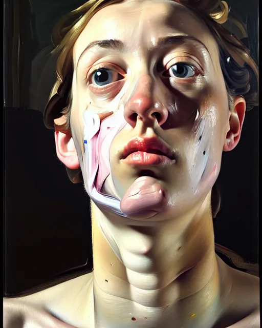 Image similar to a close up portrait a very ordinary young woman with a distracted expression, low angle, facing front, looking up, by Lucian Freud and Jenny Saville, oil painting, anatomically correct, beautiful perfect face, visible brushstrokes, sharp focus, Highly Detailed, Cinematic Lighting, 8k, HD