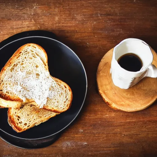 Image similar to sourdough toast with melted swiss cheese on a plate, morning light, cup of coffee