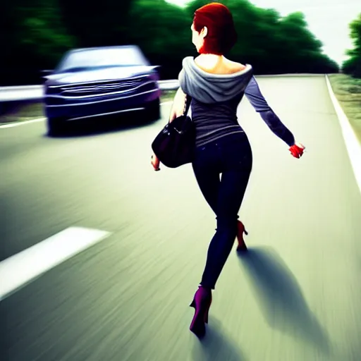 Image similar to pretty women dodging a moving car, photorealistic, in the style of greg rutkowski, detailed face, full body