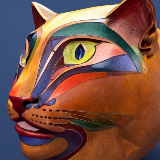 Prompt: cloisonne cat head sculpture, by annie swynnerton and diego rivera and nicholas roerich and jean delville, symbolist, dramatic lighting, god rays, art brut, rich colors, smooth, sharp focus, extremely detailed, adolf wolfli and ( donato giancola and bilibin )