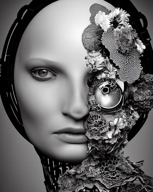 Image similar to black and white dreamy foggy smoky profile face portrait, one silver steampunk eye biomechanical beautiful young female cyclope - cyborg - robot bust, body ribs meshes,, volumetric light, hibiscus flowers, by hg giger, rim light, by dora maar and cecile beaton, big gothic fashion pearl embroidered collar, 8 k