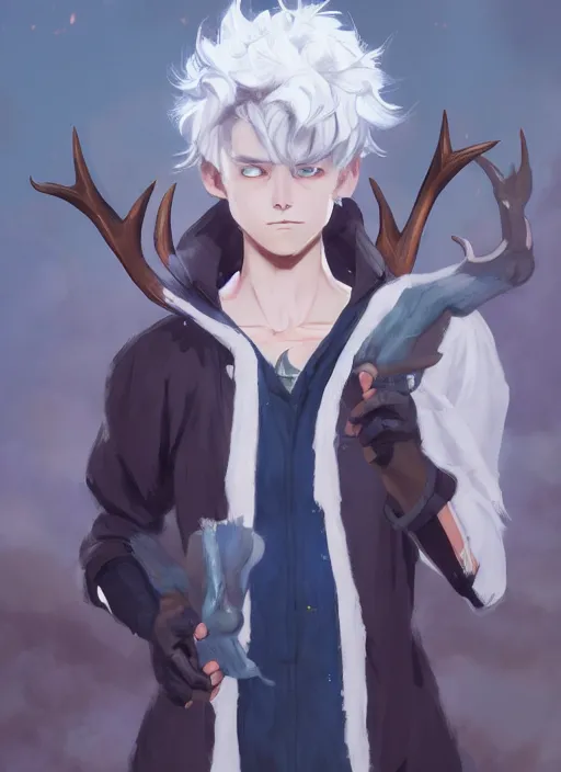 Image similar to concept art painting of an androgynous person with brown skin and short white hair, demon horns, deer makeup, full clothing, blue clothes, blue robes, detailed, cel shaded, in the style of ruan jia and artgerm and makoto shinkai and james gurney