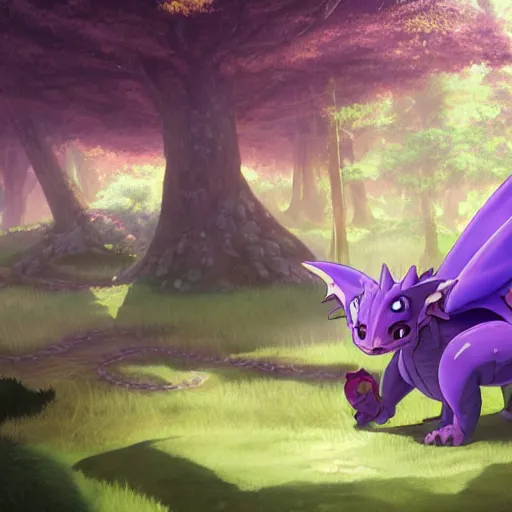 Image similar to concept art painting of an anthropomorphic purple anime furry dragon, in the deep forest, realistic, detailed, cel shaded, in the style of makoto shinkai and greg rutkowski and james gurney