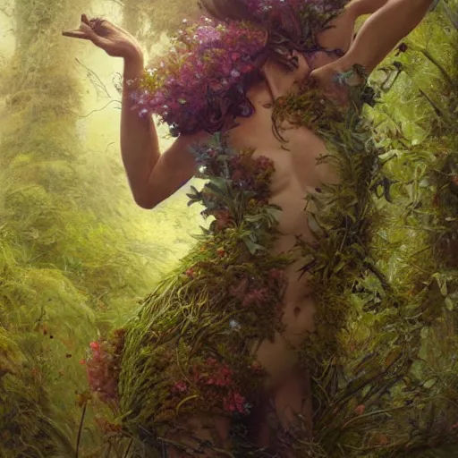 Prompt: a human figure made of moss and flowers, beautiful high quality realistic fantasy art, trending on artstation by artgerm and greg rutkowski and alphonse mucha