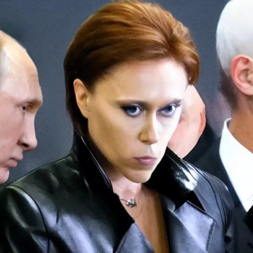 Image similar to vladimir putin as black widow in leather outfit