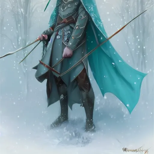 Prompt: handsome pointy - eared male snow elf in a turquoise cape as an archer, albino skin, mid - shot, moonlight snowing, ethereal opalescent mist, winter vibes, perfect face, elegant, very coherent symmetrical artwork, by wenjun lin, krenz cushart, charlie bowater, trending on artstation