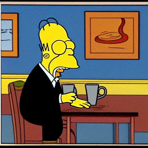 Image similar to cup of coffee with eyes nose and mouth smoking cigar simpsons style