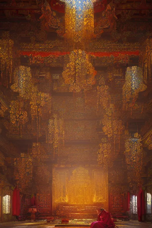 Image similar to inside a Tibetan monastery, powerfull, intricate, elegant, volumetric lighting, digital painting, highly detailed, artstation, sharp focus, illustration, concept art, ruan jia, steve mccurry