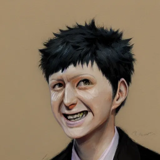 Image similar to hyper realistic, surreal, portrait of mob psycho smiling, shigeo kageyama painted by greg rutkowski, wlop, loish,