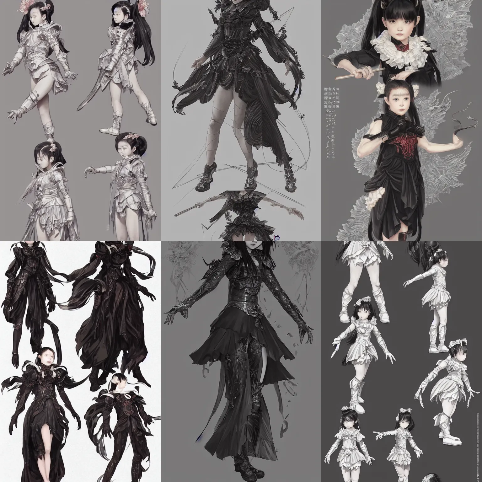 Image similar to full body character sheet of Yui Mizuno from Babymetal, intricate, elegant, highly detailed, digital painting, artstation, character concept art, smooth, sharp focus, illustration, art by artgerm and greg rutkowski and alphonse mucha