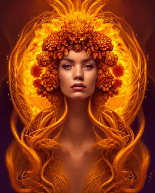 Image similar to portrait of the goddess of golden fire, unusual beauty, flowers and plants, emotionally evoking symbolic metaphors, head in focus, fantasy, ornamental, intricate, elegant, sensual, highly detailed digital painting, artstation, concept art, painterly, golden ratio, sharp focus, illustration