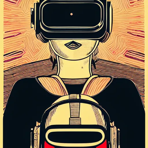 Image similar to Illustrated by Shepard Fairey and Moebius | Cyberpunk cute kitty with VR helmet, surrounded by cables