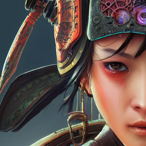 Image similar to closeup of a young cyberpunk samurai lady wearing a visor D&D, fantasy, intricate, elegant, highly detailed, digital painting, artstation, concept art, matte, sharp focus, illustration, hearthstone, art by Artgerm and Greg Rutkowski and Alphonse Mucha