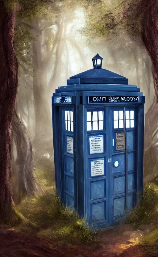 Image similar to a portrait of a tardis, in the woods, dynamic lighting, photorealistic fantasy concept art, trending on art station, stunning visuals, creative, cinematic, ultra detailed