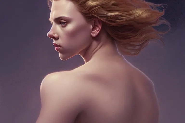 Image similar to Scarlett Johansson , beautiful bone structure, intricate, elegant, highly detailed, digital painting, artstation, concept art, smooth, sharp focus, illustration, art by artgerm and greg rutkowski and alphonse mucha