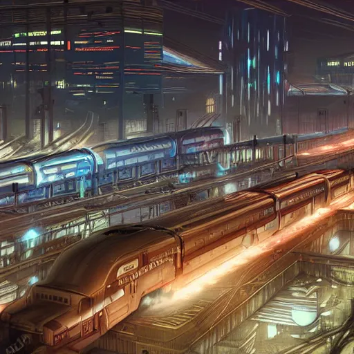 Image similar to Immense industrial futuristic cargo train arrives at cyber punk city station, cinematic lighting, concept art