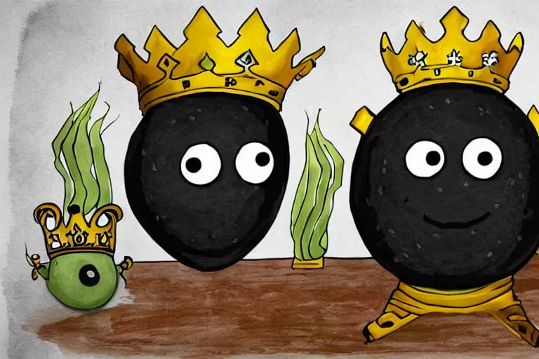 Image similar to giant black bean wearing a kings crown, with googly eyes and smiling, digital art,