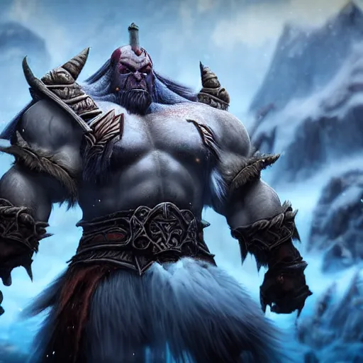 Prompt: world of warcraft orc warrior chief thrall standing in a vast icy lands and dark icy mounatins in the background, extremely detailed, wow, cinematic, unreal engine 5, artistic, movie poster, world of warcraft cinematics style