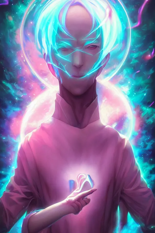 Image similar to anime manga guy emitting psychic powers, straight on, by artgerm, james jean, tom bagshaw, gerald brom, vaporwave colors, lofi colors, vaporwave, lofi, goth vibe, 4 k, smooth, hd, substance designer render, full body character concept art, perfect face, detailed face,