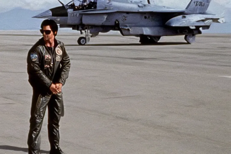 Prompt: film still of Keanu Reeves as Maverick in Top Gun 1986