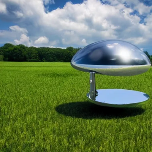 Image similar to a realistic chrome ufo landed on a field, green hills, summer day, beautiful, blue skies