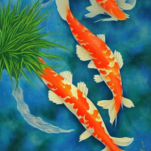 Prompt: two koi, detailed painting by wayne pruse