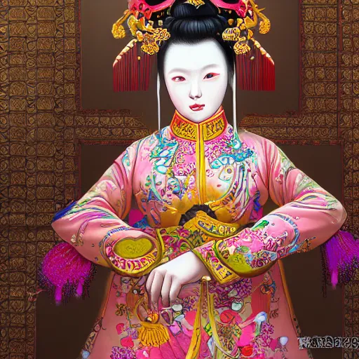 Prompt: studio portrait of legitimate kind colorful female sacred drama peking opera tsing yi absurdly beautiful, elegant, young sexy elegant woman, super fine surreal detailed facial illustration by kim jung gi, iraqi nadar, intricate lines, clear focus, vivid colors, matte, octopath voyager, final fantasy, unreal engine highly rendered, global illumination, radiant light, intricate environments