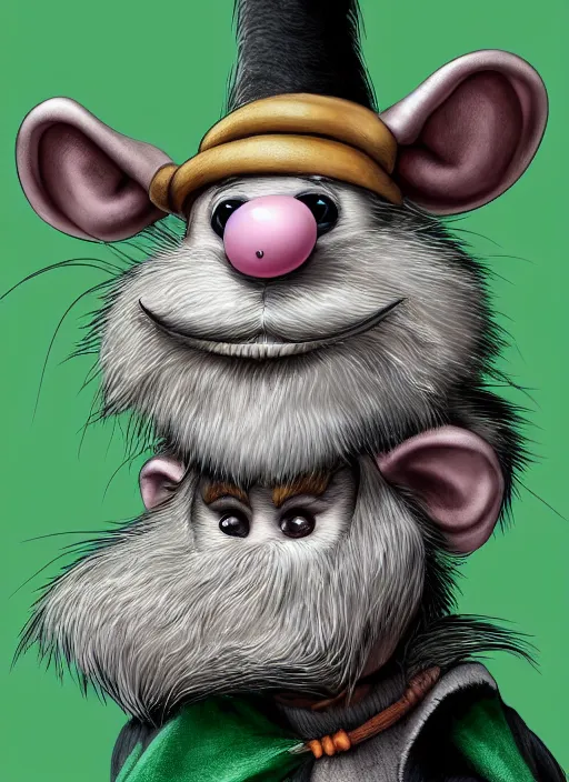 Prompt: anthropomorphic rat with human eyes and a gray beard, wearing jewelry, tricorne hat, green robe, d & d, digital art, detailed face, highly detailed, trending on artstation, realistic, studio lighting, drawn by dr. seuss