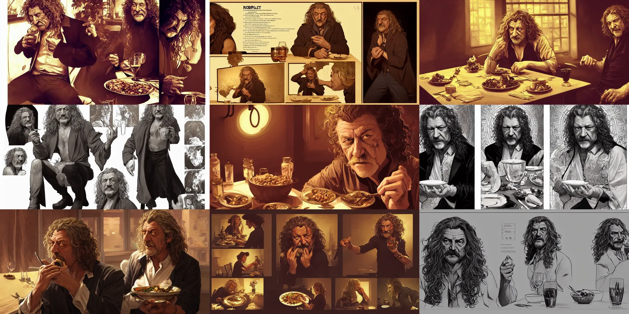 Prompt: robert plant eating dinner, character sheet, character design, contrast, deep focus, turnaround, highly detailed, dramatic lighting, digital painting, artstation, concept art, matte, sharp focus, illustration, elegant, art by artgerm and greg f and alphonse mucha.