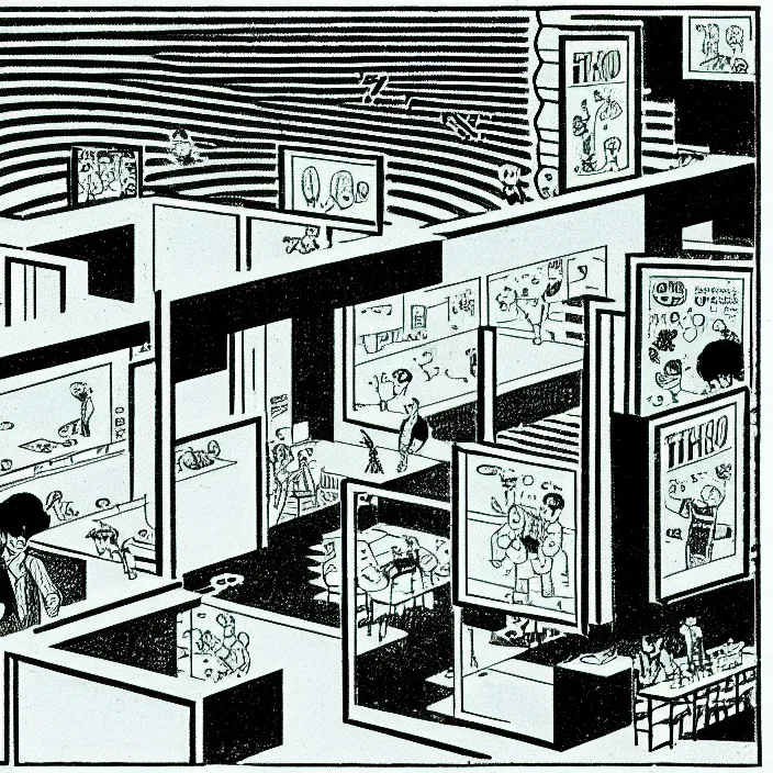 Prompt: a still frame from comic strip, isometric blueprint illustration 1 9 5 0, herluf bidstrup, new yorker illustration, monochrome bw, lineart, manga, tadanori yokoo, simplified,