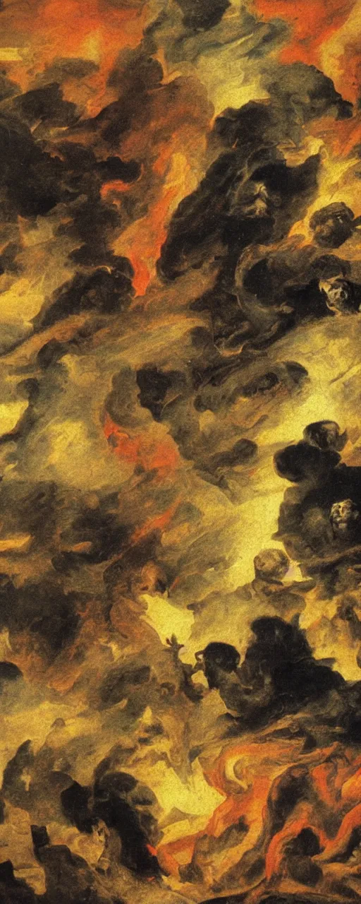 Prompt: a detail of a panting by francisco goya and ernst fuchs, angry faces fighting eachother, war, fire, dark stone, explosions, 8 k, trending on artstation.