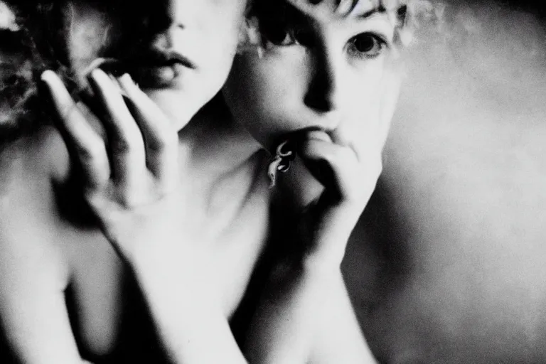 Image similar to close up, black and white portrait, beautiful white woman with bright blue eyes smoking, Peter Lindbergh, 35mm, film photo