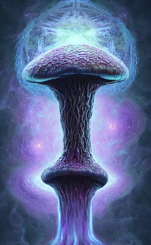 Prompt: enormous mushroom man deity of the stars resides inside void manifold, mycelium forms quantum foam, fractal of scary dirac equations, portrait by ross tran, timeline nexus, ascending universes, a dnd illustration of esoteric concept by cgsociety and james gurney, artstation, hdr, rtx, iridescent wise mushroom deity