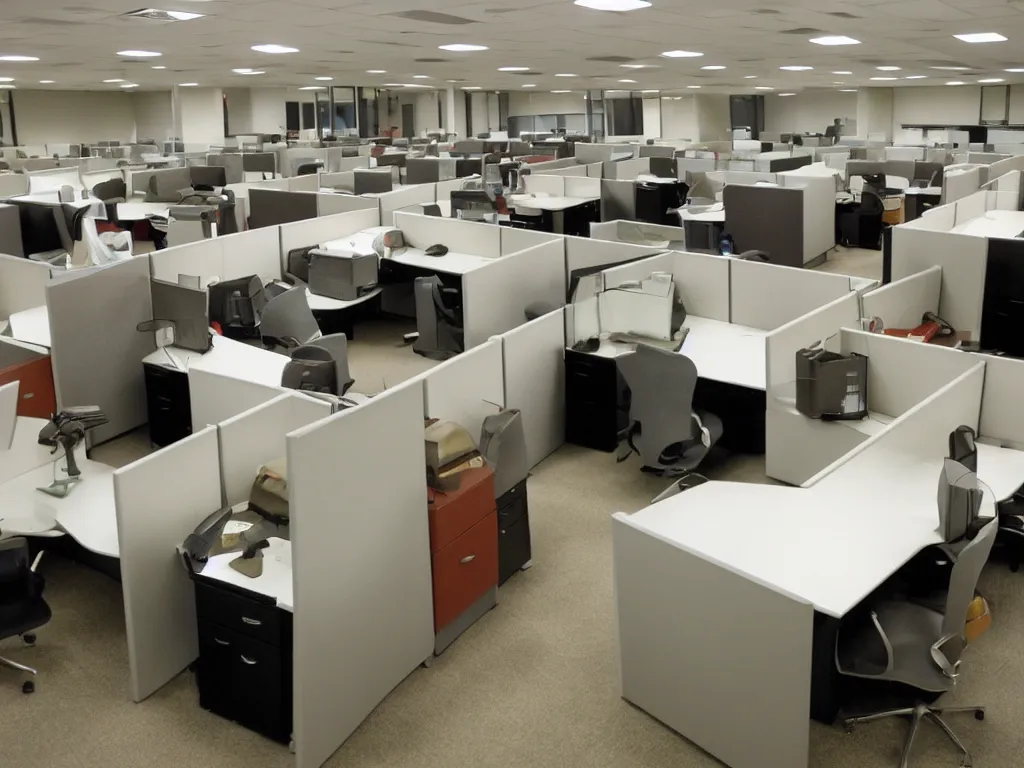 Image similar to 90s cubicle office with computers, people on break
