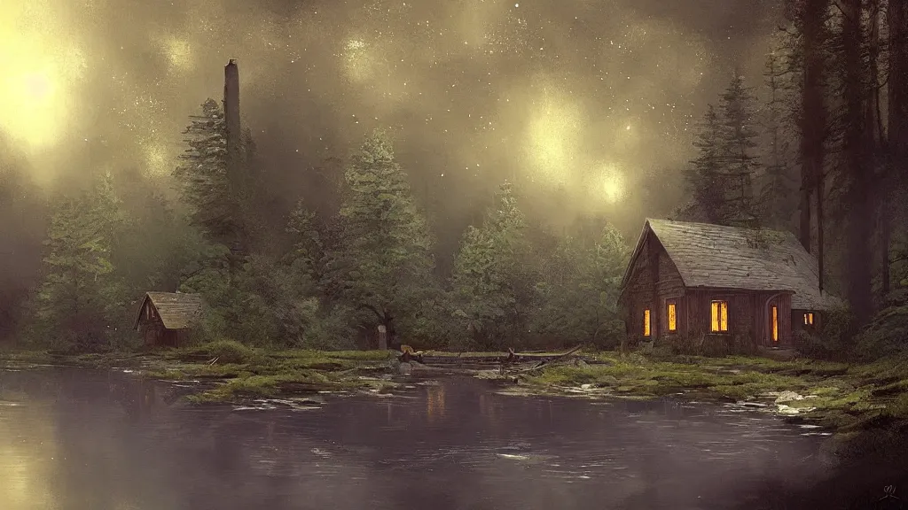 Image similar to small wooden cottage in the forest at night, smoke coming out of the chimney, nocturnal, redwood trees, peaceful, river running past the cottage, a wooden rowing boat, galaxy in the night sky, by charlie bowater, by greg rutkowski